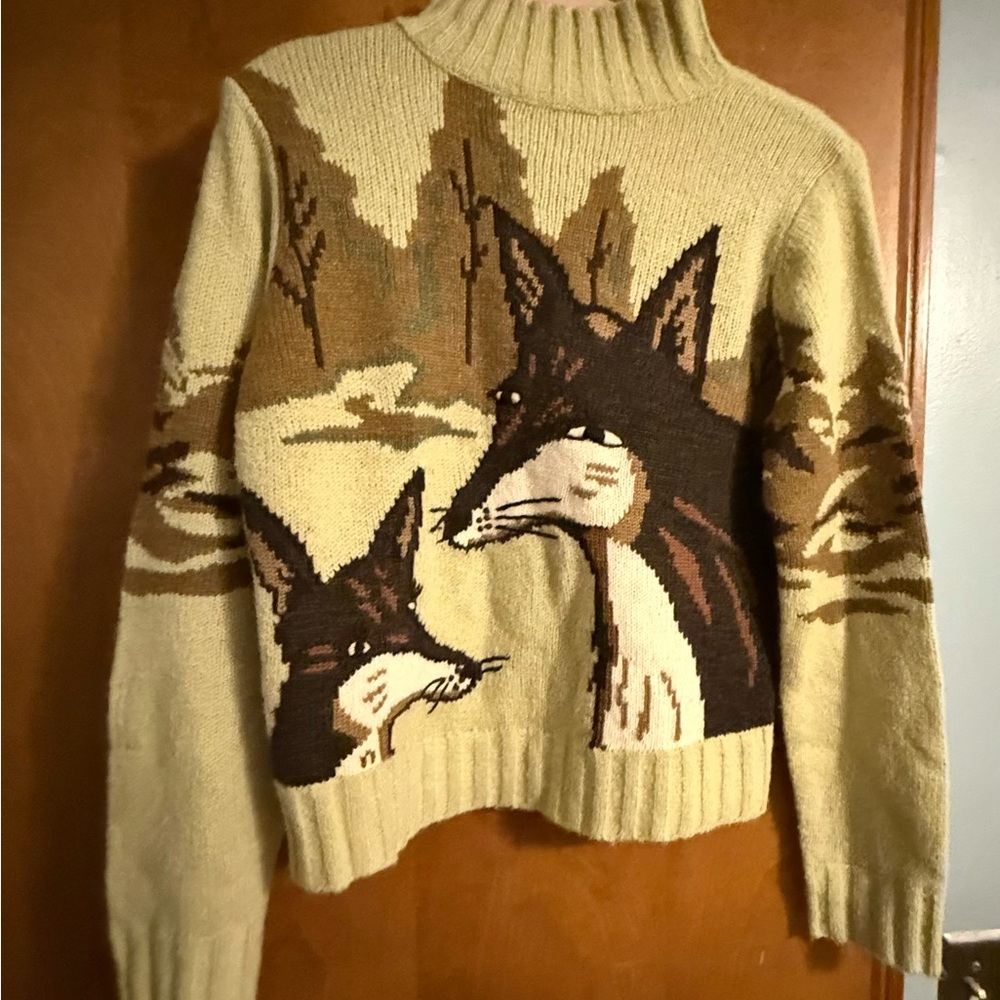 Anthropologie Sleeping on Snow RARE Mother fox and kit landscape Sweater